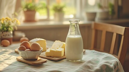 Fresh milk in a glass bottle, surrounded by homemade cheese, butter, and eggs on a bright kitchen table, conveying the importance of dairy in children's diet