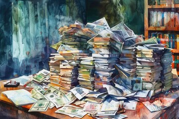 A stack of currency bills and coins on a rustic wooden surface, ready for use or counting