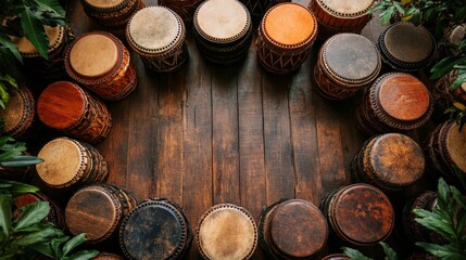 Traditional African Drums in a Circular Arrangement, showcasing unique textures on a wooden floor, emphasizing craftsmanship and cultural heritage in a clean, open setting
