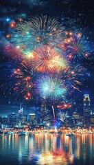 Fototapeta premium Panoramic Fireworks Show Over Cityscape Illuminating Night Sky with Reflections in Water
