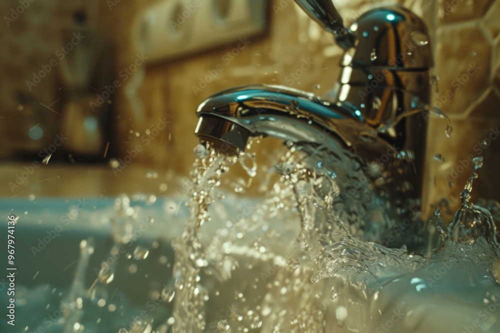 Poster a detailed view of a faucet with running water, perfect for illustrations on plumbing, architecture 