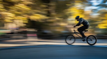 Fototapeta premium A cyclist in motion, showcasing speed and agility in an outdoor setting.