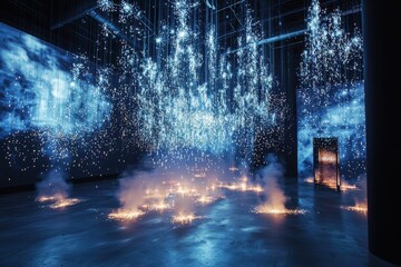 Naklejka premium Spectacular Fireworks Display at Art Exhibition Showcasing Innovation and Creativity in Modern Technology