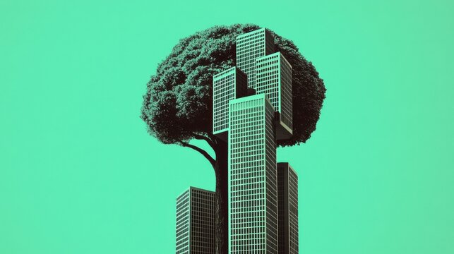 A tree made of corporate skyscrapers with branches being pruned and rearranged, illustrating the idea of trimming inefficiencies and promoting growth during restructuring