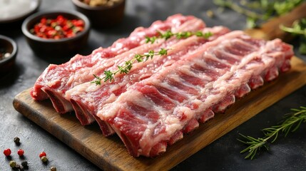 Fototapeta premium Fresh, uncooked pork baby back ribs on a cutting board, ready to be seasoned and grilled. Marbled meat texture is perfect for culinary stock images.
