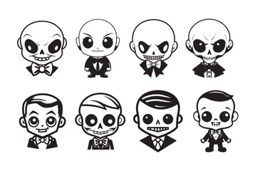Adorable chibi skeleton in a Halloween-themed cartoon vector illustration.
