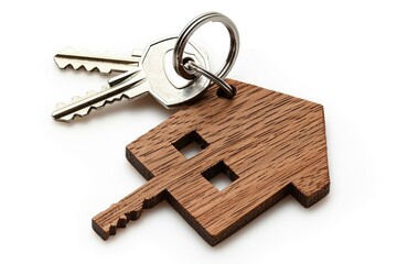 A small wooden house-shaped keychain with two keys attached, perfect for use as a charm or pendant