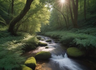 Fototapeta premium A tranquil stream gently flowing through a lush green forest, creating a peaceful atmosphere