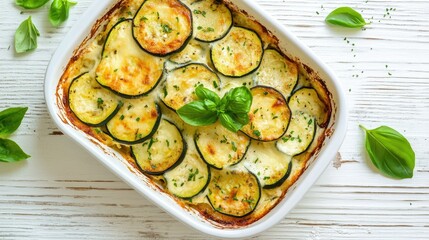 Freshly baked zucchini casserole with a smooth cream cheese sauce, served in a white dish on a white wooden background, highlighting the appeal of healthy vegetarian comfort food,