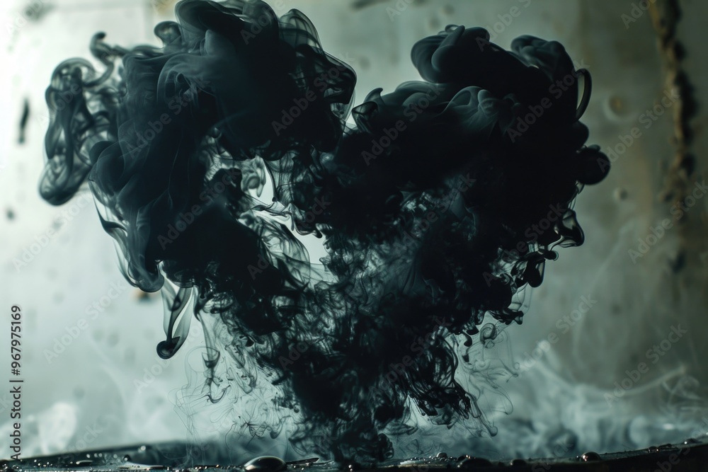 Poster A close-up view of a mysterious black substance suspended in water, great for illustrating unknown phenomena or abstract concepts