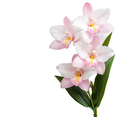 Obraz premium Beautiful pink orchid flowers with lush green leaves, perfect for enhancing nature-themed designs and floral arrangements.