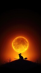 Black cat dressed as a witch, sitting on a broomstick under the full moon, witch cat, spooky Halloween pet