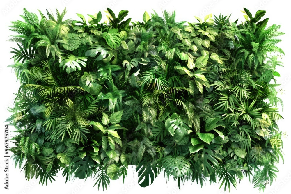 Poster a lush and vibrant green wall covered in various plants and foliage, perfect for use as a background