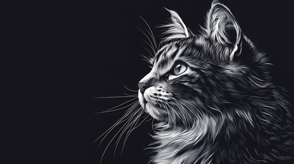 Monochrome cat portrait with dark background. Monochrome. Illustration