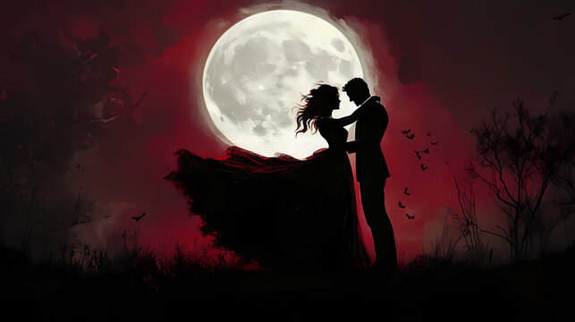 Moonlit halloween night with a vampire couple dancing, halloween romantic, gothic romance. Vampire. Illustration