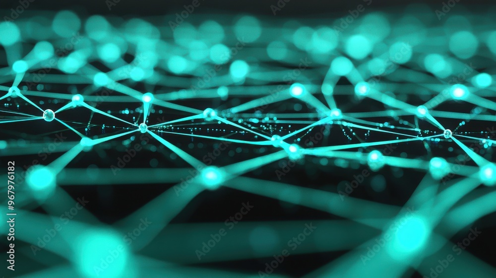 Poster a web of interconnected circuits glowing in shades of blue and green, representing digital workstrea