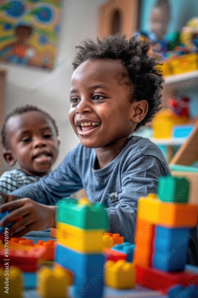 Poster Two kids constructing and having fun with building blocks in a playroom