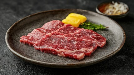 Fototapeta premium Gourmet Japanese Wagyu beef slices neatly arranged on a plate, ready for BBQ grilling. Ideal for food photography highlighting premium meat quality.