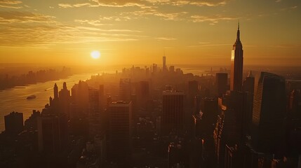 Obraz premium A Silhouetted Cityscape at Sunset with a River and Sun