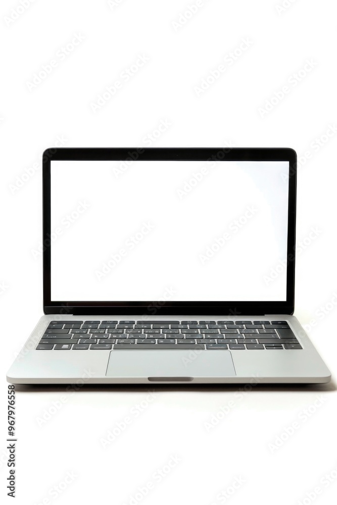 Poster a person's laptop computer is open and visible on a clean, white surface