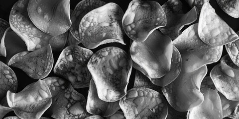 A collection of seashells in various shapes and sizes photographed in black and white