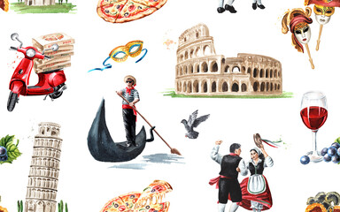 Travel to the Italy Seamless pattern, symbols. Hand  drawn watercolor illustration isolated on white background