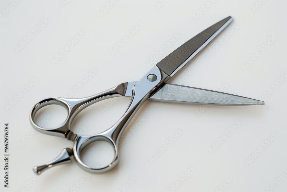 Poster A pair of scissors placed on a table with a smooth surface, suitable for use in various contexts such as crafting, office work or photography props