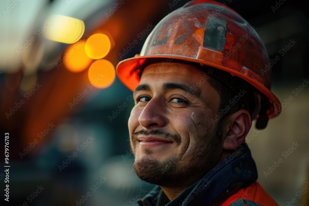 Poster man in hard hat and vest working on construction project