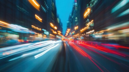 Naklejka premium A vibrant, blurred cityscape at dusk, showcasing light trails from moving vehicles.