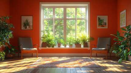 A living room with two chairs and plants. Sunbeams are streaming through a large window.