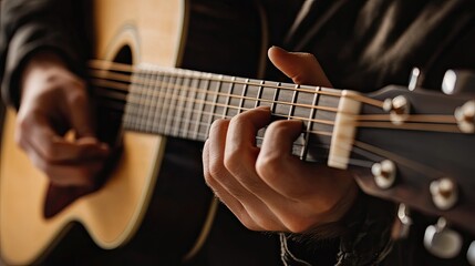 Hands pressing chords on the fretboard of an acoustic guitar, with a close-up focus on the talent and passion of the musician