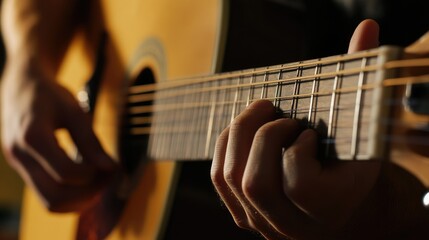 Obraz premium Hands strumming an acoustic guitar, with a close-up focus on the intricate finger movements and musical expression