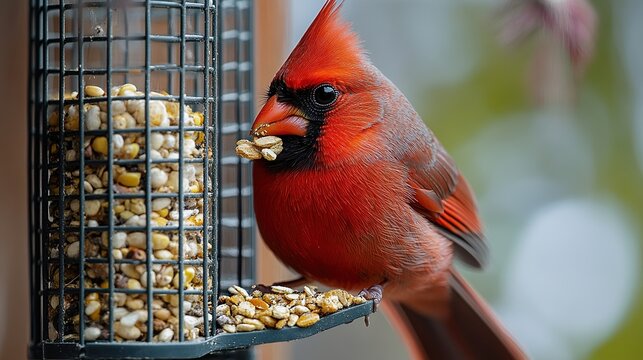 Cardinal red bird eating seed at a bird feeder. AI generated image