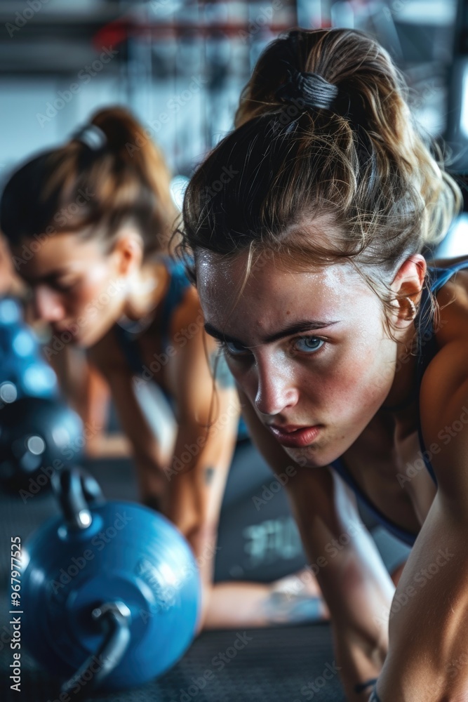 Poster fitness enthusiasts performing exercises in a modern gym setting
