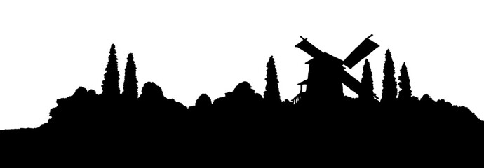 Vector drawing. Old mill in the field