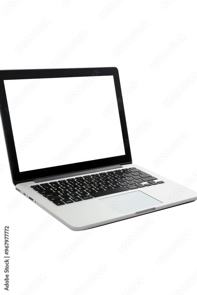 Poster a laptop computer is sitting on a white surface, ready for use