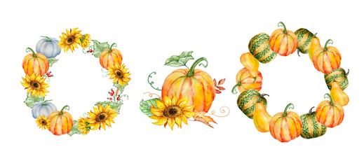 Watercolor autumn wreath set with pumpkins and fall leaves
