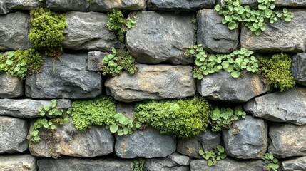 Stone wall with lush green moss and small plants