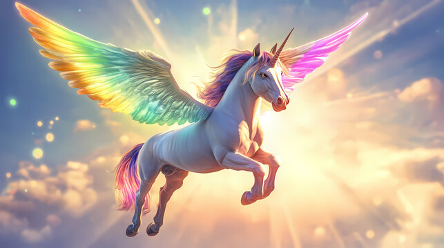 Mythical unicorn with rainbow wings soars in the sunny sky. Pegasus. Illustration