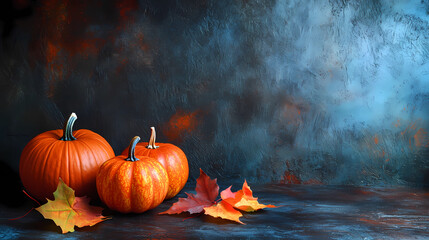 Autumn background with pumpkins and fall leaves on a dark wood table for Halloween or casual party decoration,