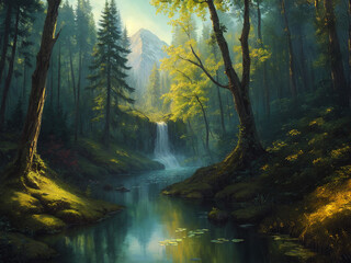 Obraz premium morning in the forest with cute little pine forest trees and tiny waterfall with mountain peak in background