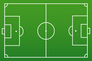 Soccer field vector illustration. Green grass pitch with white lines, goals, and corner markings for football games and competitions.