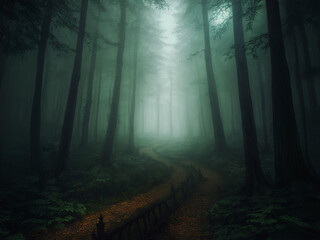 Naklejka premium Creepy misty forest with haunted vibes and spooky mist through the trees