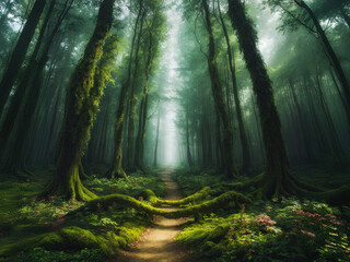 Obraz premium forest in the morning with tiny hiking trail covered with mossy logs