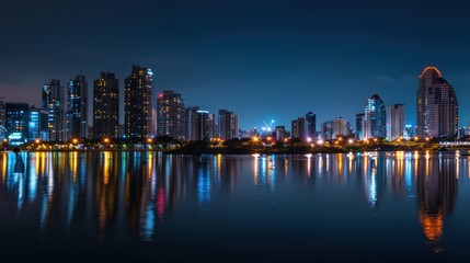 Fototapeta premium Nighttime Cityscape with Reflections on Water