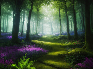 Fototapeta premium Gorgeous mystical forest with purple flowers and mossy floor with dawn sunlight in the background