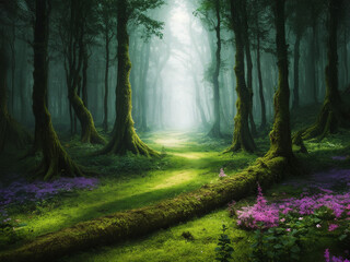 Obraz premium morning in the forest with misty background and log in the foreground covered in moss
