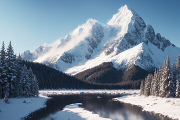snow covered mountains with a lake landscape in the foreground and lovely clear, blue sky