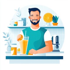 A young man smiles as he prepares a healthy smoothie in his bright kitchen. His positive attitude toward health and well-being is evident in his daily choices