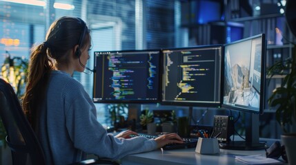 Professional woman conducting unit testing in a bright, modern corporate office with dual monitors